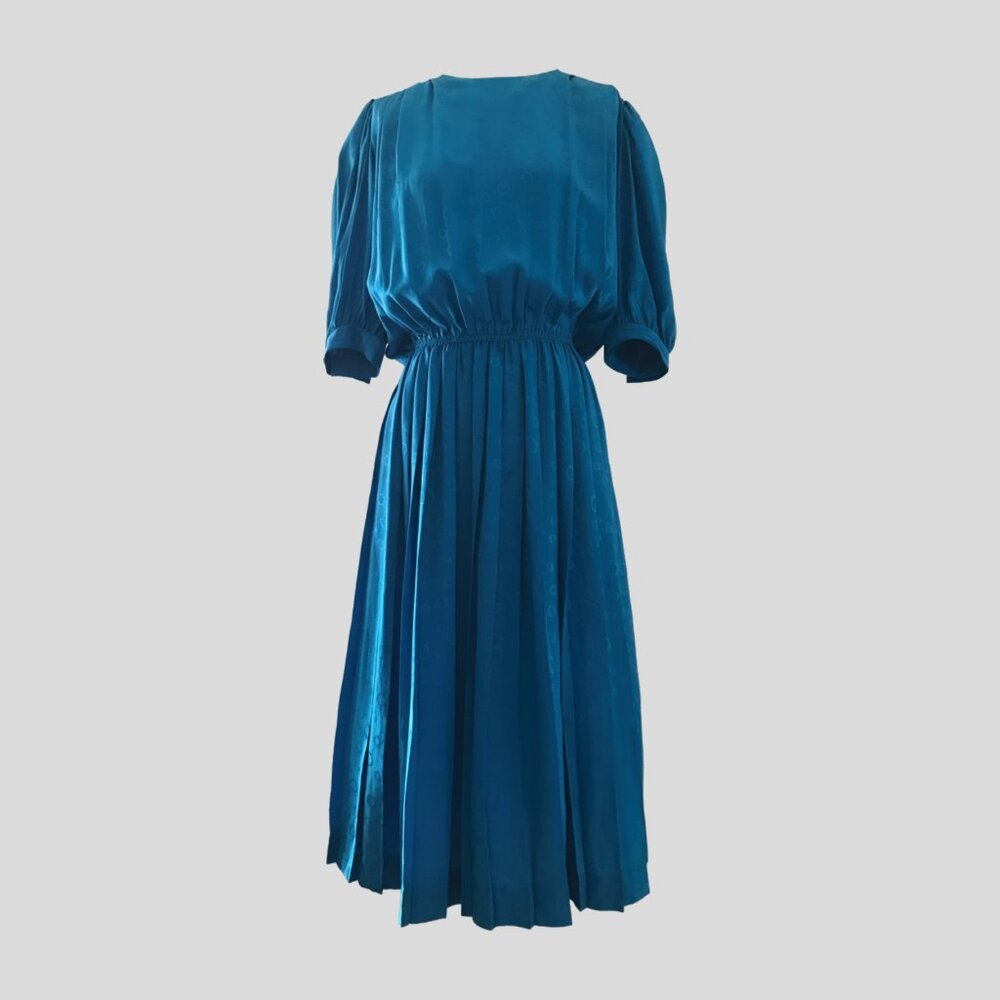 Vintage 80s Liz Claiborne Blue Silk Pleated Geometric Short Sleeve Midi Dress 8